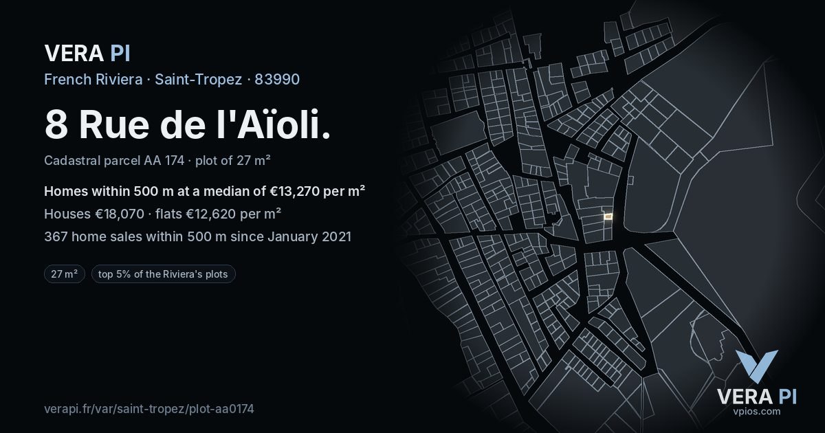 8 Rue de l'Aïoli, Saint-Tropez at night – the plot lit, the parcels around coloured by the prices near them