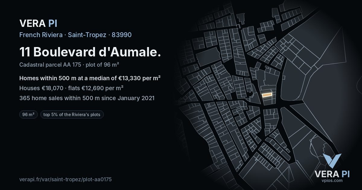 11 Boulevard d'Aumale, Saint-Tropez at night – the plot lit, the parcels around coloured by the prices near them