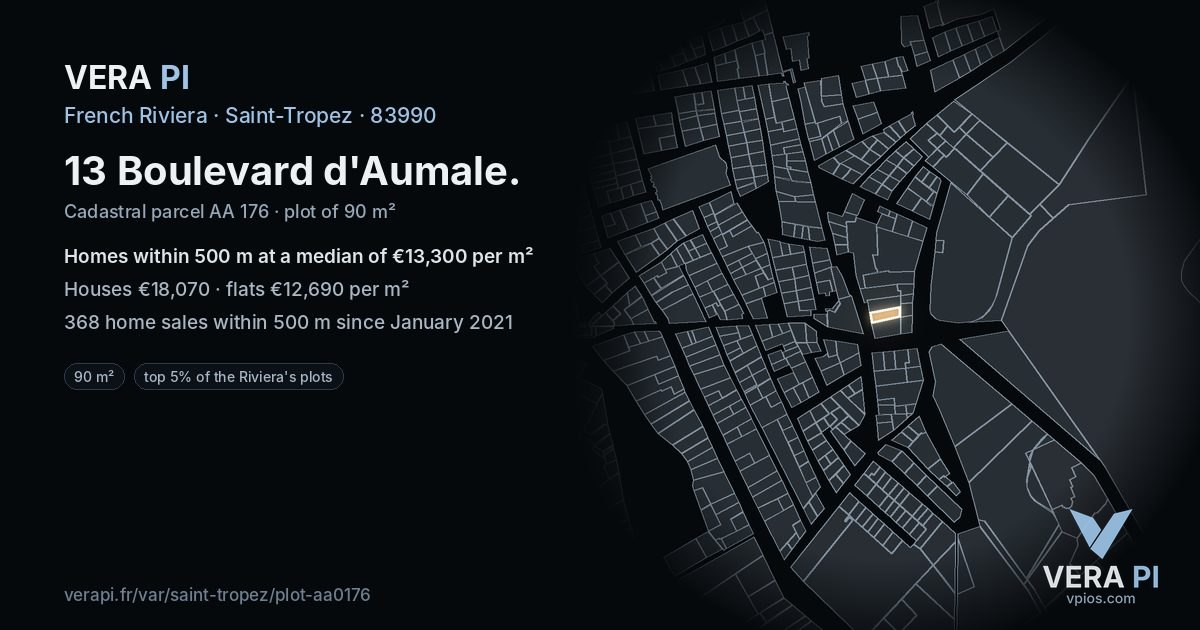 13 Boulevard d'Aumale, Saint-Tropez at night – the plot lit, the parcels around coloured by the prices near them