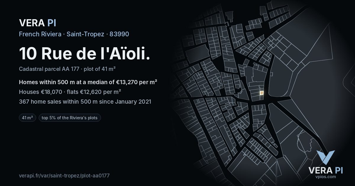 10 Rue de l'Aïoli, Saint-Tropez at night – the plot lit, the parcels around coloured by the prices near them