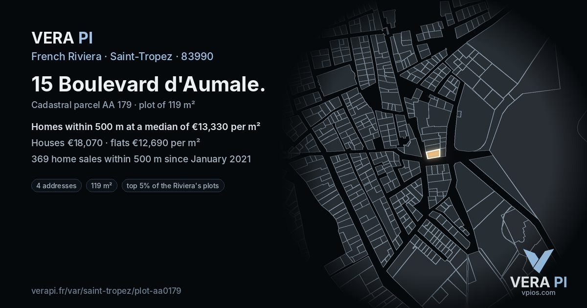15 Boulevard d'Aumale, Saint-Tropez at night – the plot lit, the parcels around coloured by the prices near them