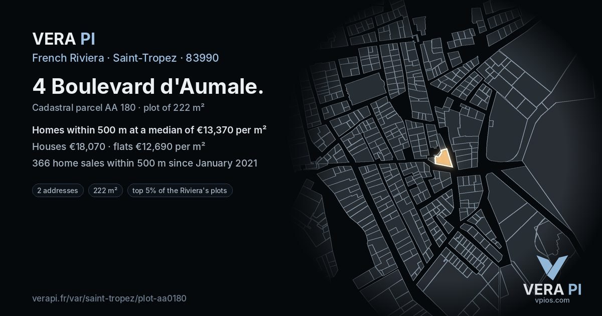 4 Boulevard d'Aumale, Saint-Tropez at night – the plot lit, the parcels around coloured by the prices near them