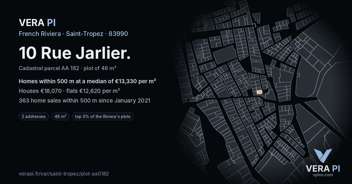 10 Rue Jarlier, Saint-Tropez at night – the plot lit, the parcels around coloured by the prices near them
