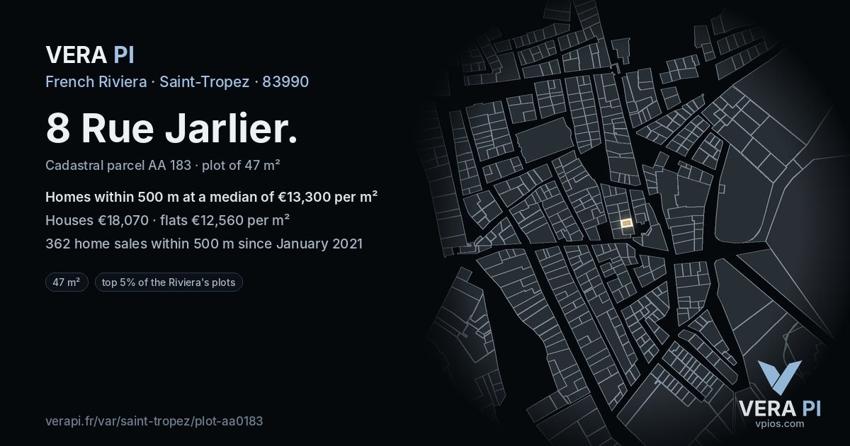 8 Rue Jarlier, Saint-Tropez at night – the plot lit, the parcels around coloured by the prices near them