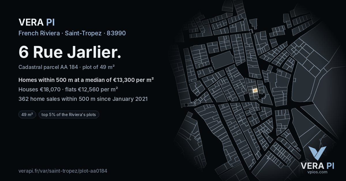 6 Rue Jarlier, Saint-Tropez at night – the plot lit, the parcels around coloured by the prices near them