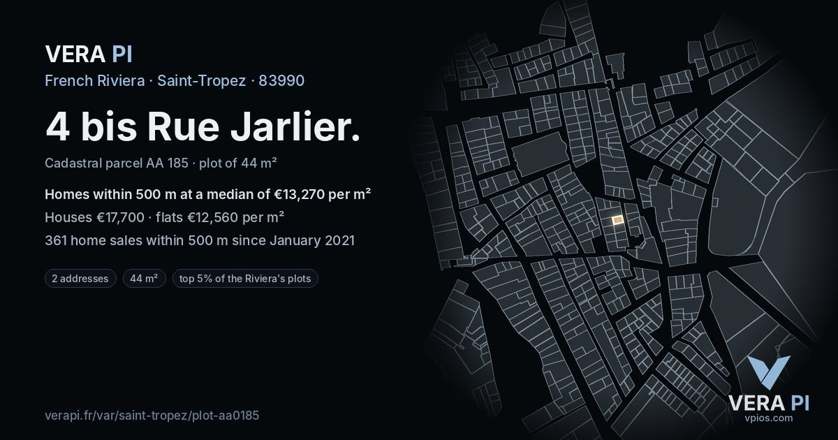 4 bis Rue Jarlier, Saint-Tropez at night – the plot lit, the parcels around coloured by the prices near them