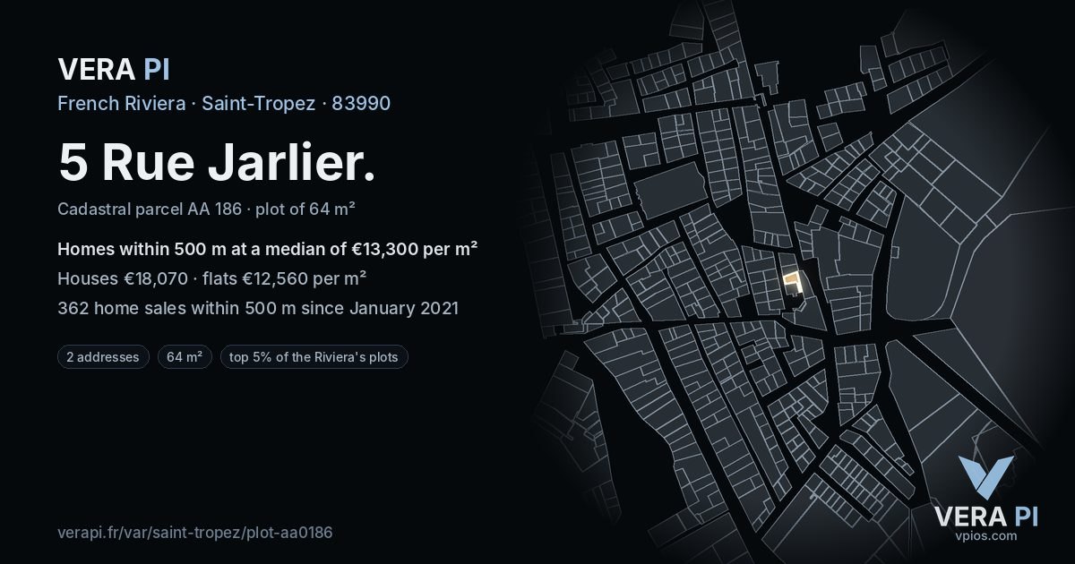 5 Rue Jarlier, Saint-Tropez at night – the plot lit, the parcels around coloured by the prices near them
