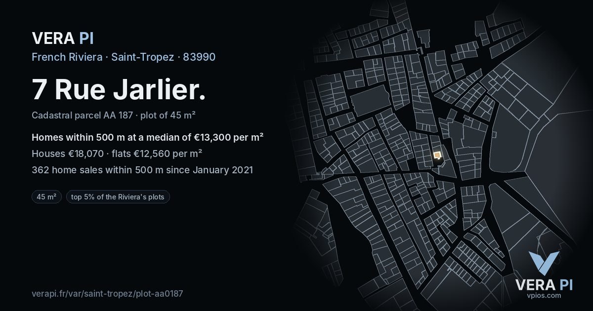 7 Rue Jarlier, Saint-Tropez at night – the plot lit, the parcels around coloured by the prices near them