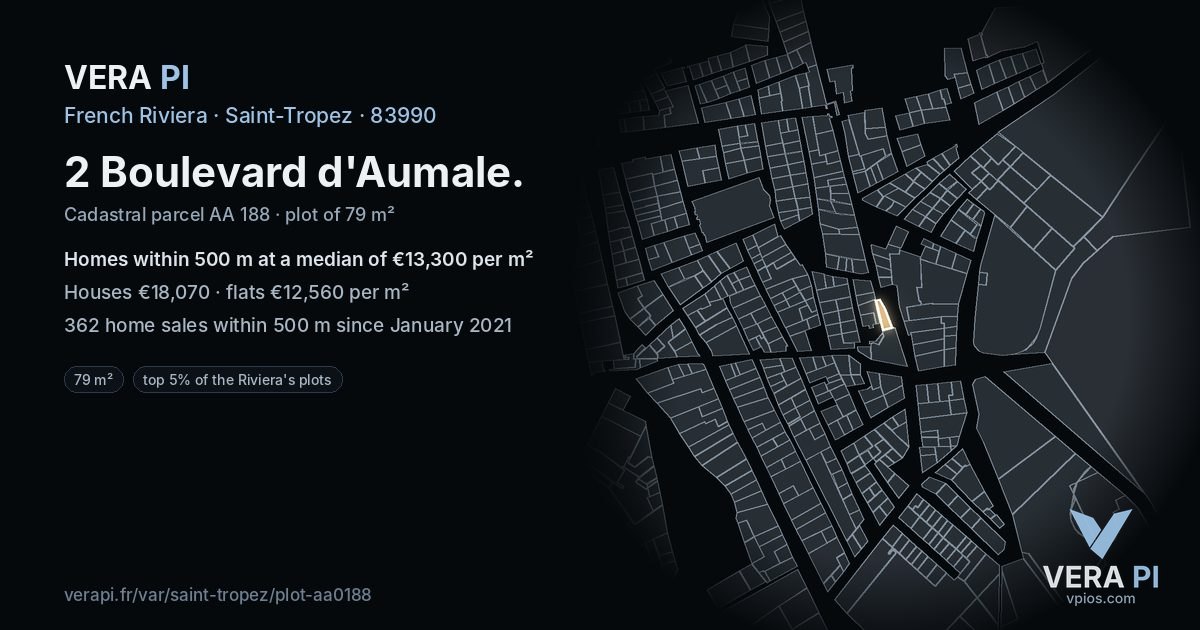 2 Boulevard d'Aumale, Saint-Tropez at night – the plot lit, the parcels around coloured by the prices near them
