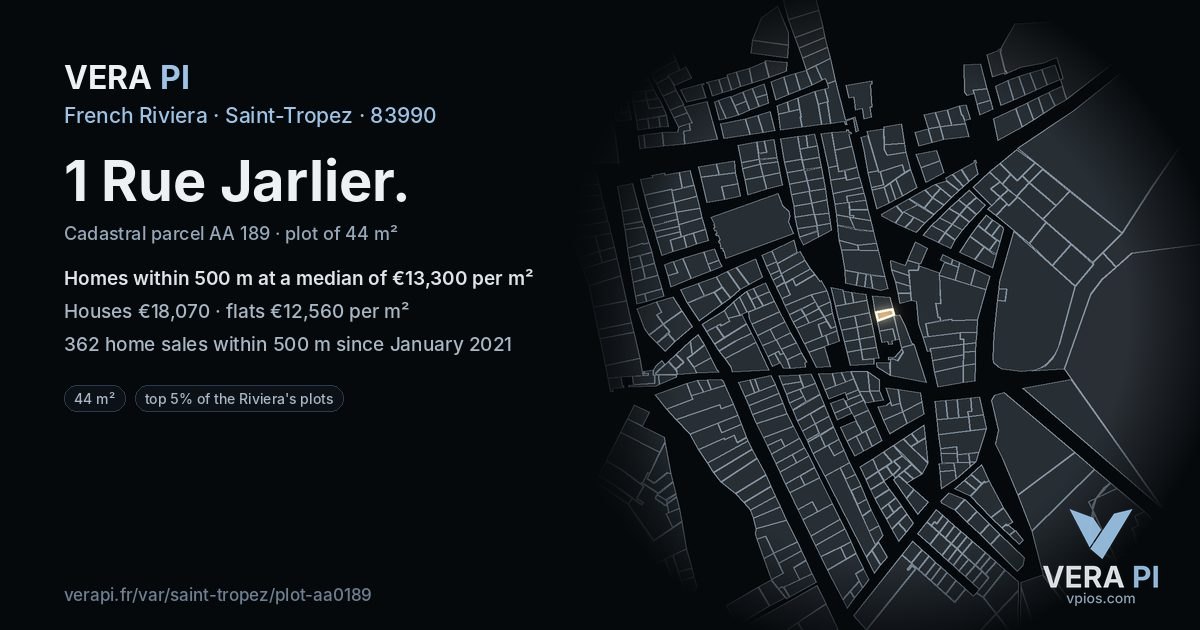 1 Rue Jarlier, Saint-Tropez at night – the plot lit, the parcels around coloured by the prices near them