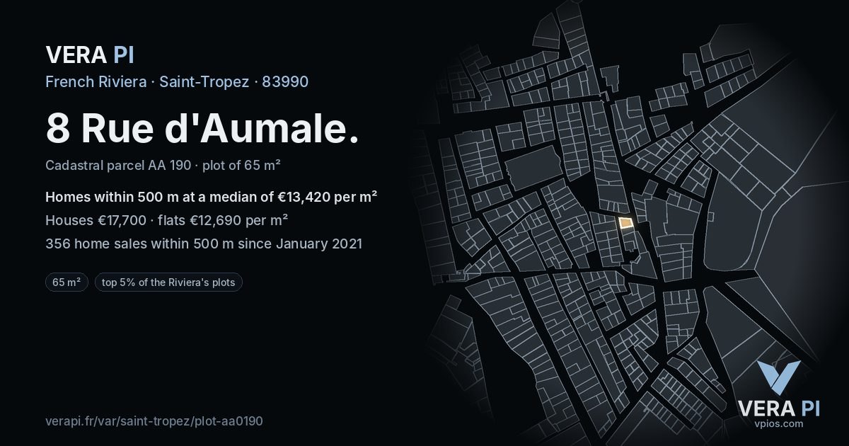 8 Rue d'Aumale, Saint-Tropez at night – the plot lit, the parcels around coloured by the prices near them