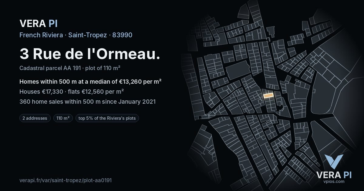 3 Rue de l'Ormeau, Saint-Tropez at night – the plot lit, the parcels around coloured by the prices near them