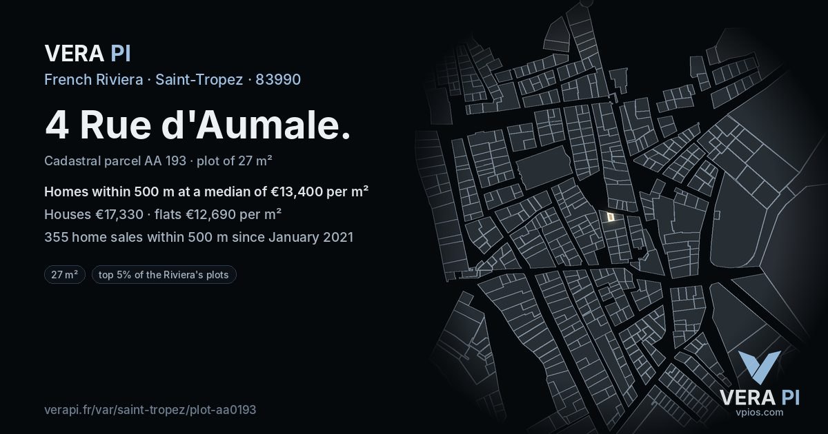 4 Rue d'Aumale, Saint-Tropez at night – the plot lit, the parcels around coloured by the prices near them