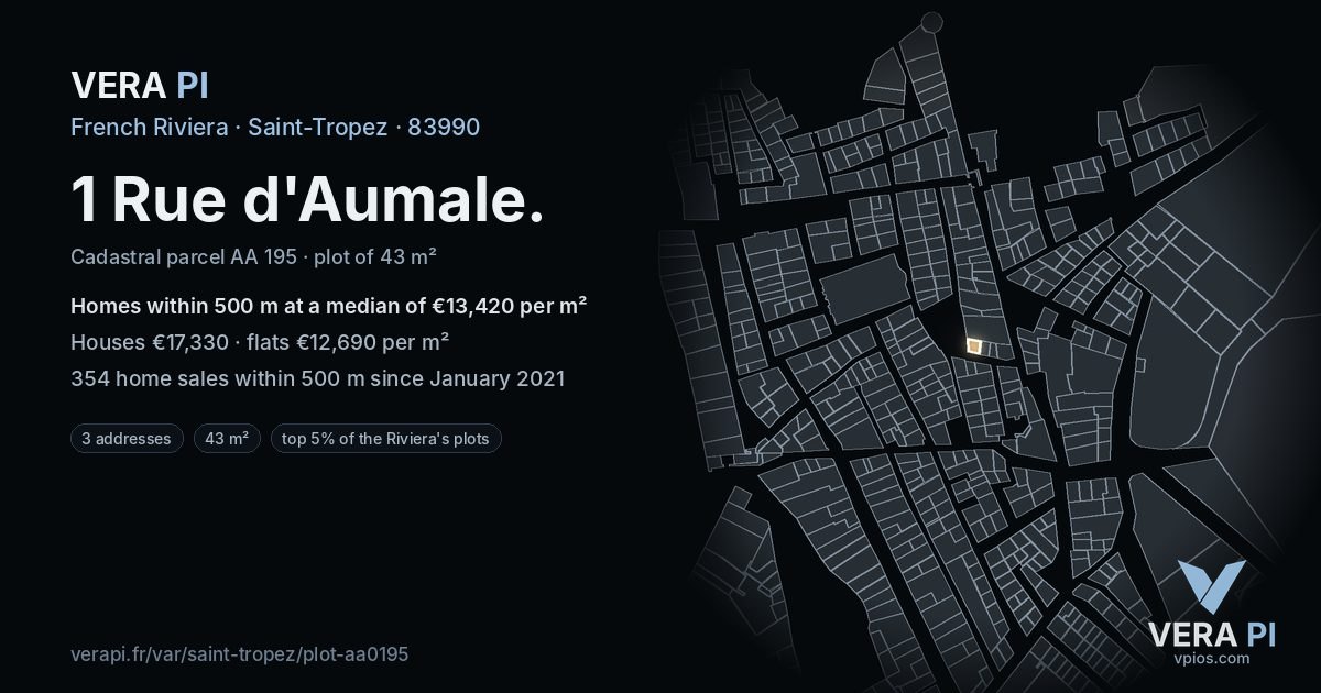 1 Rue d'Aumale, Saint-Tropez at night – the plot lit, the parcels around coloured by the prices near them