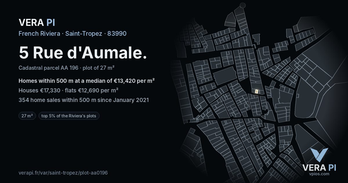 5 Rue d'Aumale, Saint-Tropez at night – the plot lit, the parcels around coloured by the prices near them