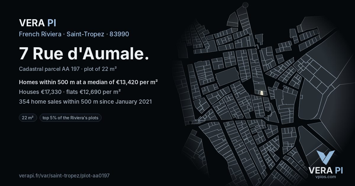 7 Rue d'Aumale, Saint-Tropez at night – the plot lit, the parcels around coloured by the prices near them