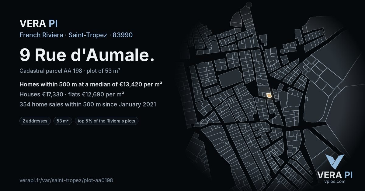 9 Rue d'Aumale, Saint-Tropez at night – the plot lit, the parcels around coloured by the prices near them