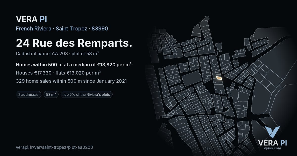 24 Rue des Remparts, Saint-Tropez at night – the plot lit, the parcels around coloured by the prices near them