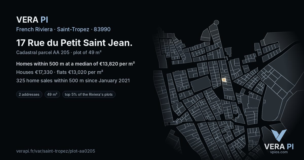 17 Rue du Petit Saint Jean, Saint-Tropez at night – the plot lit, the parcels around coloured by the prices near them