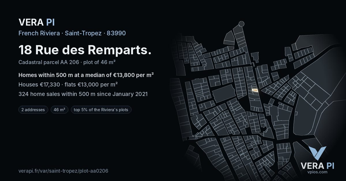 18 Rue des Remparts, Saint-Tropez at night – the plot lit, the parcels around coloured by the prices near them