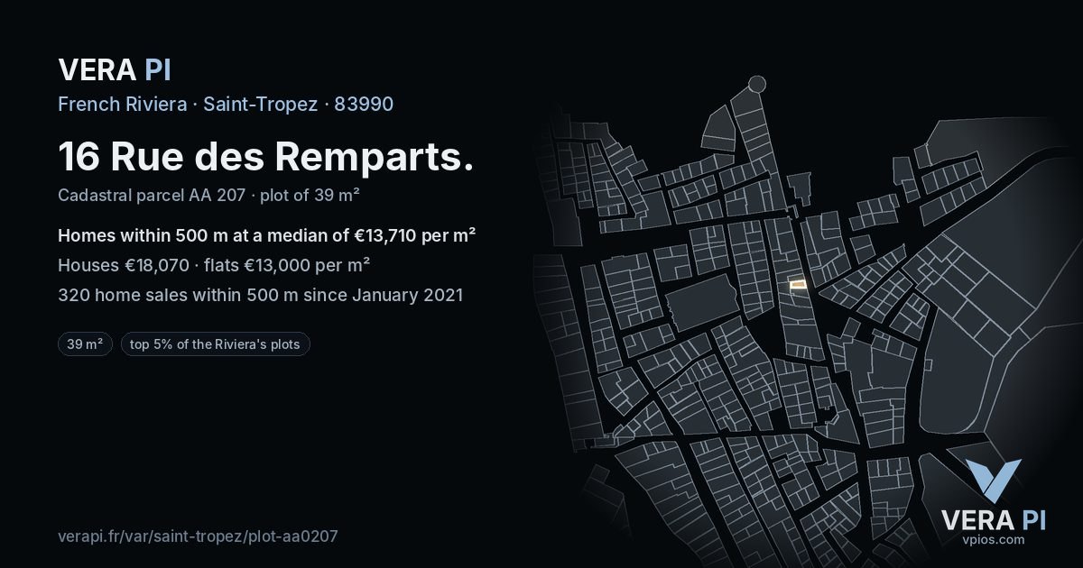 16 Rue des Remparts, Saint-Tropez at night – the plot lit, the parcels around coloured by the prices near them
