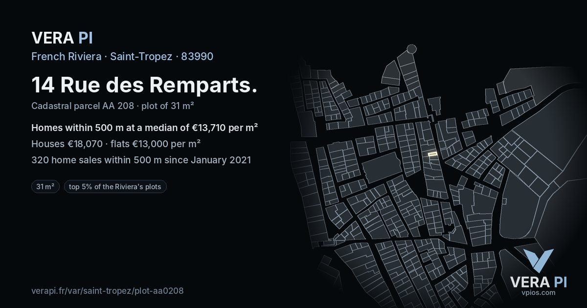 14 Rue des Remparts, Saint-Tropez at night – the plot lit, the parcels around coloured by the prices near them