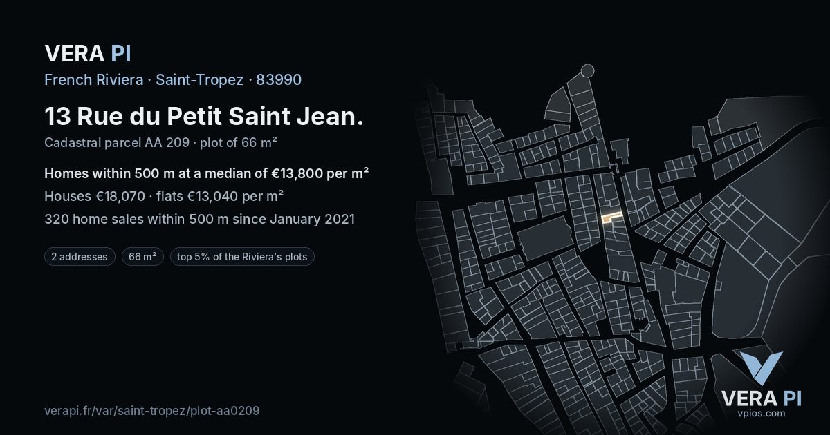 13 Rue du Petit Saint Jean, Saint-Tropez at night – the plot lit, the parcels around coloured by the prices near them