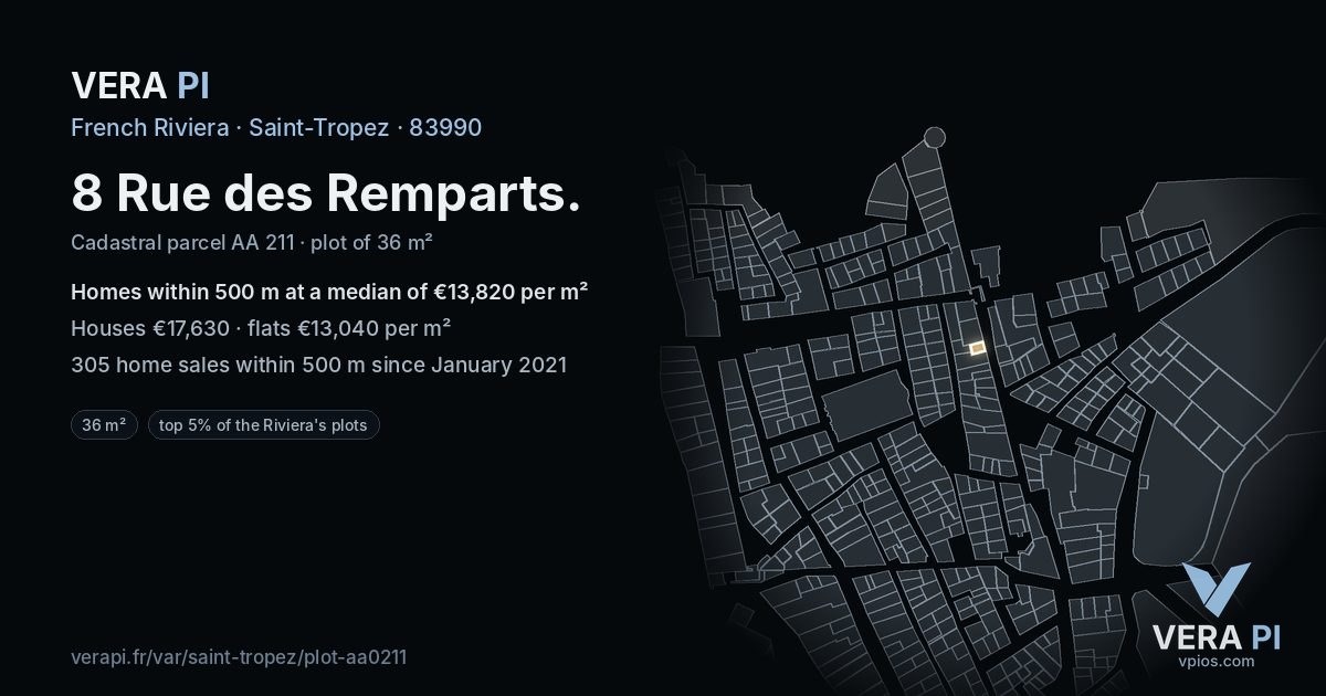 8 Rue des Remparts, Saint-Tropez at night – the plot lit, the parcels around coloured by the prices near them
