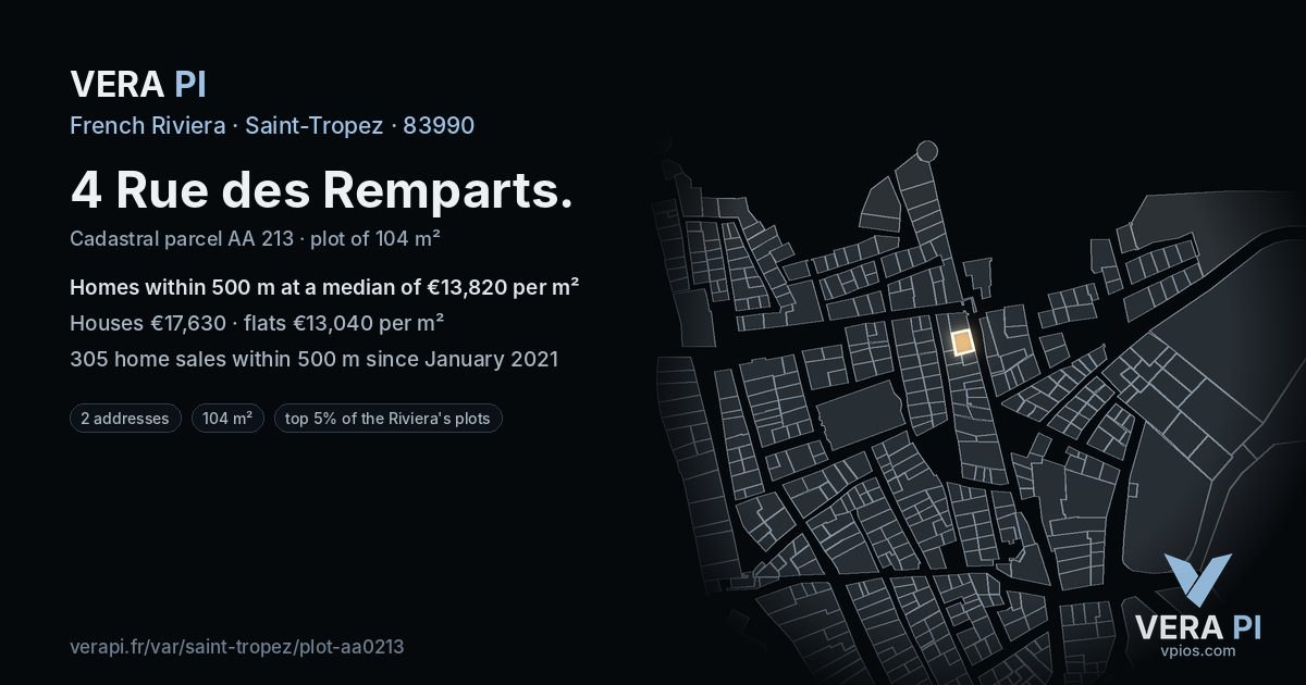 4 Rue des Remparts, Saint-Tropez at night – the plot lit, the parcels around coloured by the prices near them