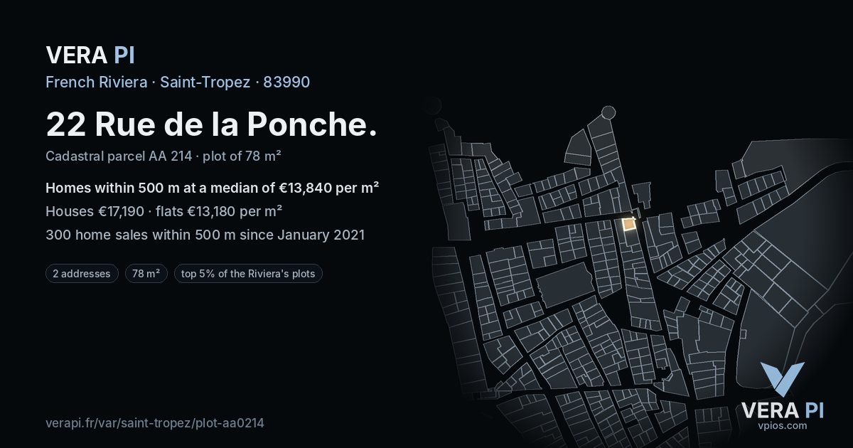 22 Rue de la Ponche, Saint-Tropez at night – the plot lit, the parcels around coloured by the prices near them