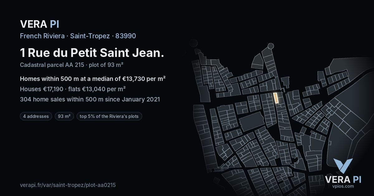 1 Rue du Petit Saint Jean, Saint-Tropez at night – the plot lit, the parcels around coloured by the prices near them