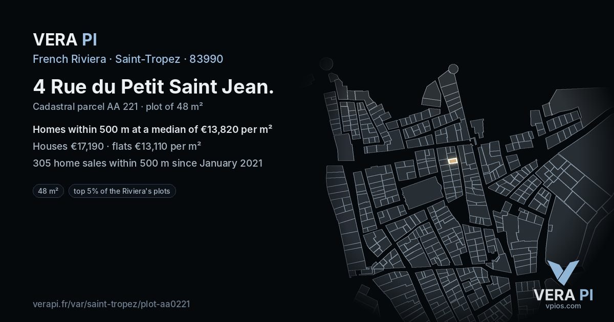 4 Rue du Petit Saint Jean, Saint-Tropez at night – the plot lit, the parcels around coloured by the prices near them