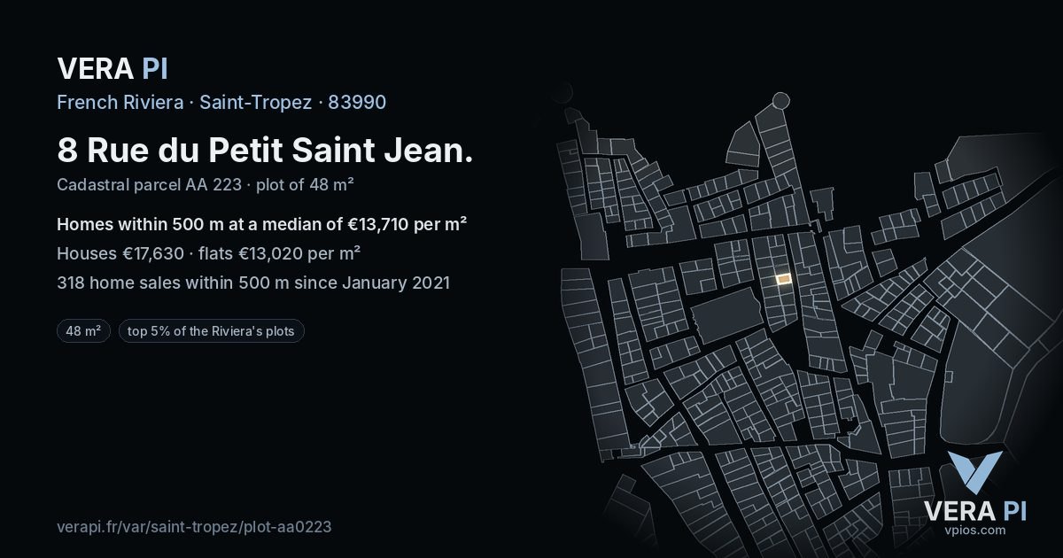 8 Rue du Petit Saint Jean, Saint-Tropez at night – the plot lit, the parcels around coloured by the prices near them