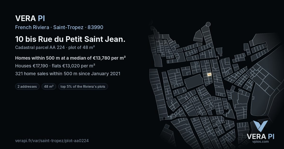 10 bis Rue du Petit Saint Jean, Saint-Tropez at night – the plot lit, the parcels around coloured by the prices near them