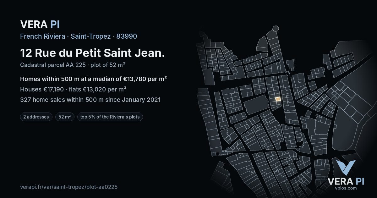 12 Rue du Petit Saint Jean, Saint-Tropez at night – the plot lit, the parcels around coloured by the prices near them