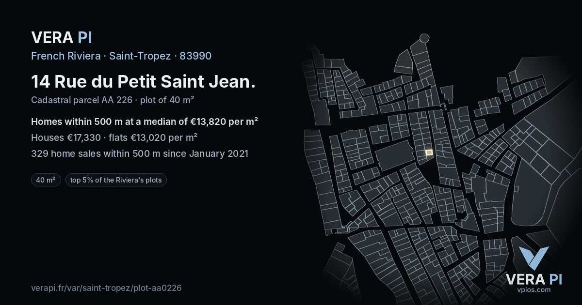 14 Rue du Petit Saint Jean, Saint-Tropez at night – the plot lit, the parcels around coloured by the prices near them