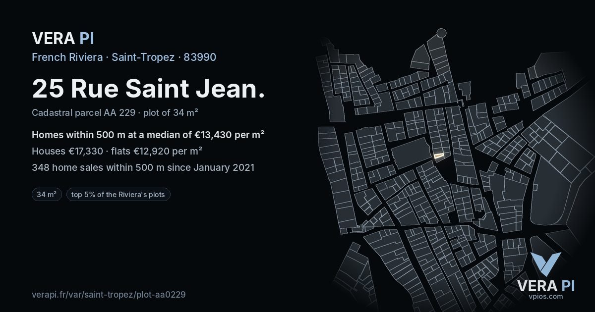 25 Rue Saint Jean, Saint-Tropez at night – the plot lit, the parcels around coloured by the prices near them