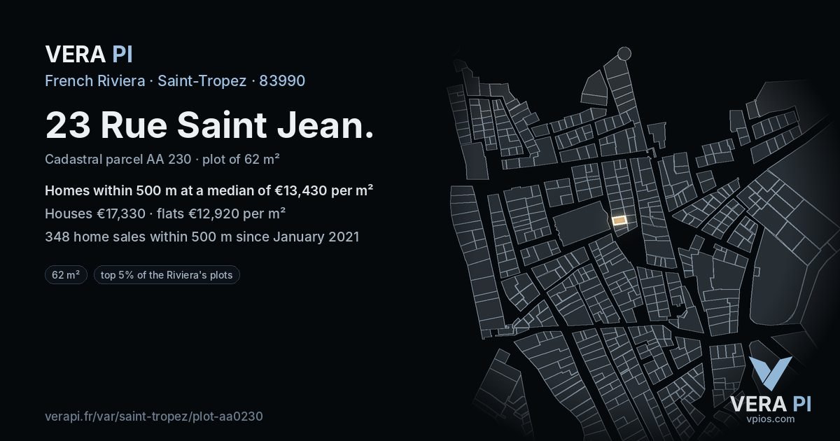 23 Rue Saint Jean, Saint-Tropez at night – the plot lit, the parcels around coloured by the prices near them