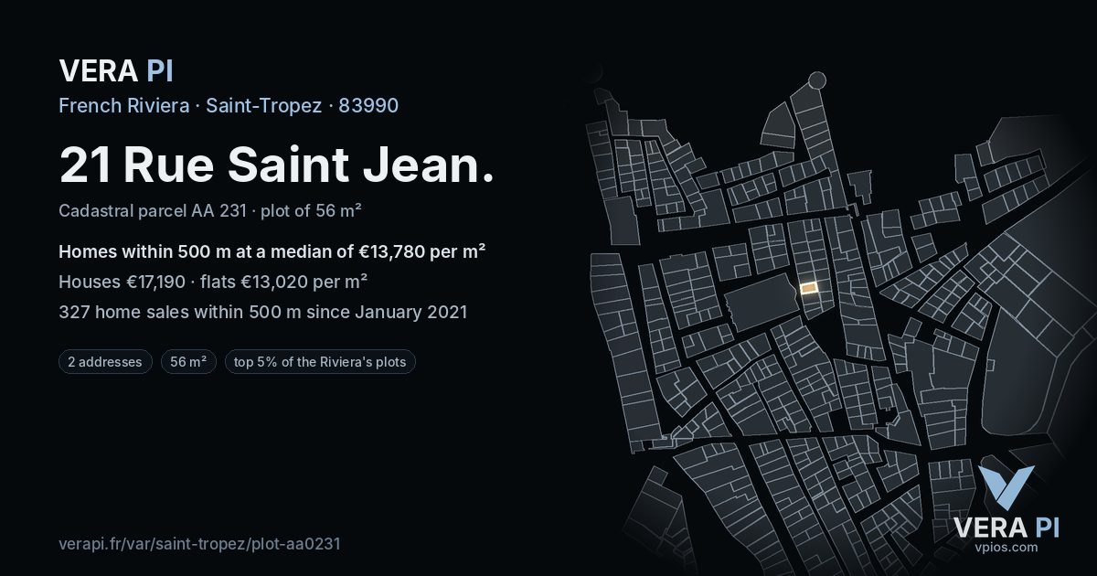 21 Rue Saint Jean, Saint-Tropez at night – the plot lit, the parcels around coloured by the prices near them