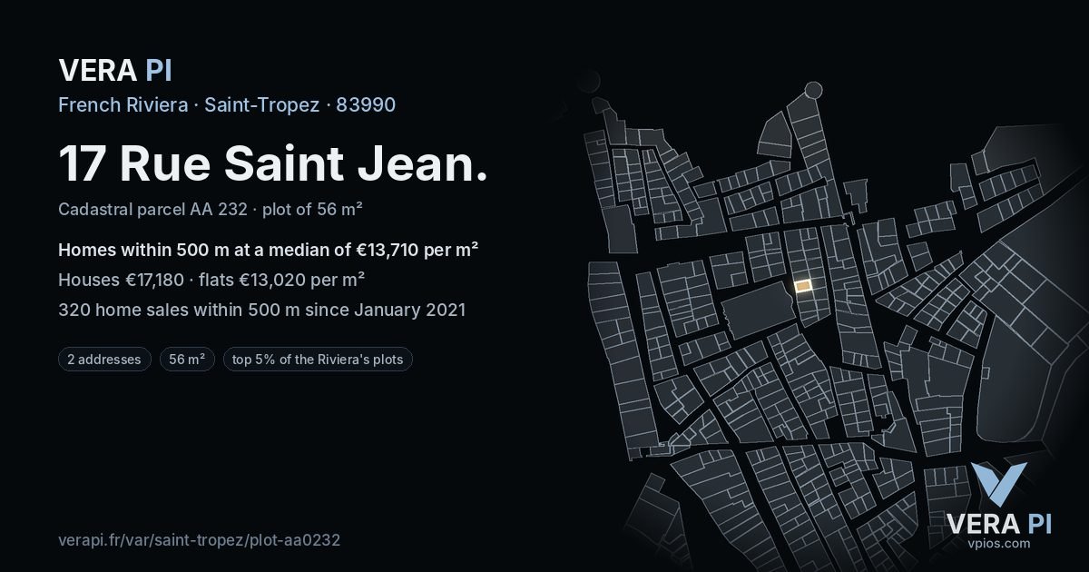 17 Rue Saint Jean, Saint-Tropez at night – the plot lit, the parcels around coloured by the prices near them