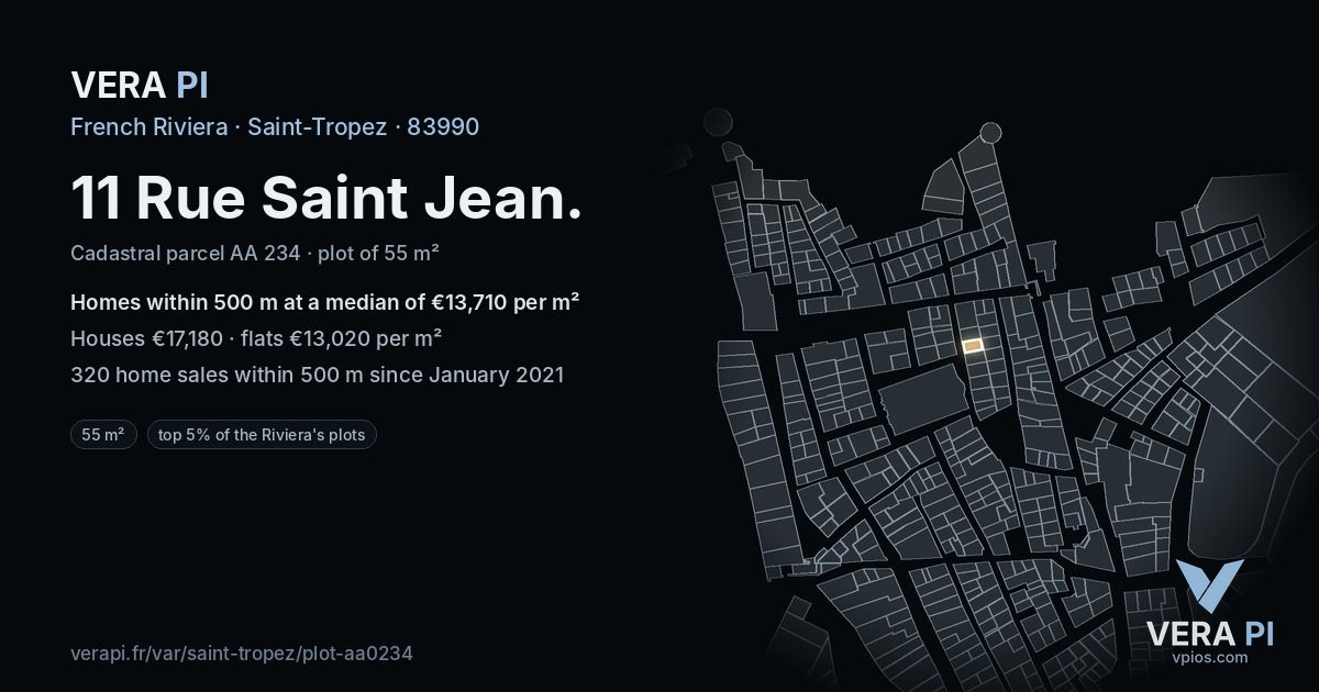 11 Rue Saint Jean, Saint-Tropez at night – the plot lit, the parcels around coloured by the prices near them