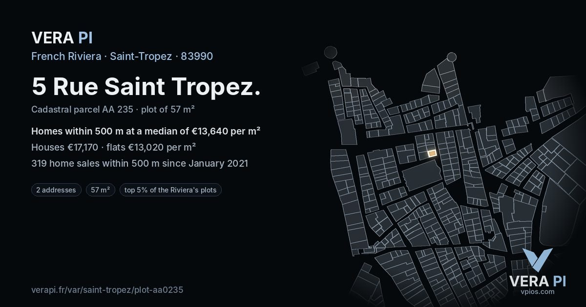 5 Rue Saint Tropez, Saint-Tropez at night – the plot lit, the parcels around coloured by the prices near them