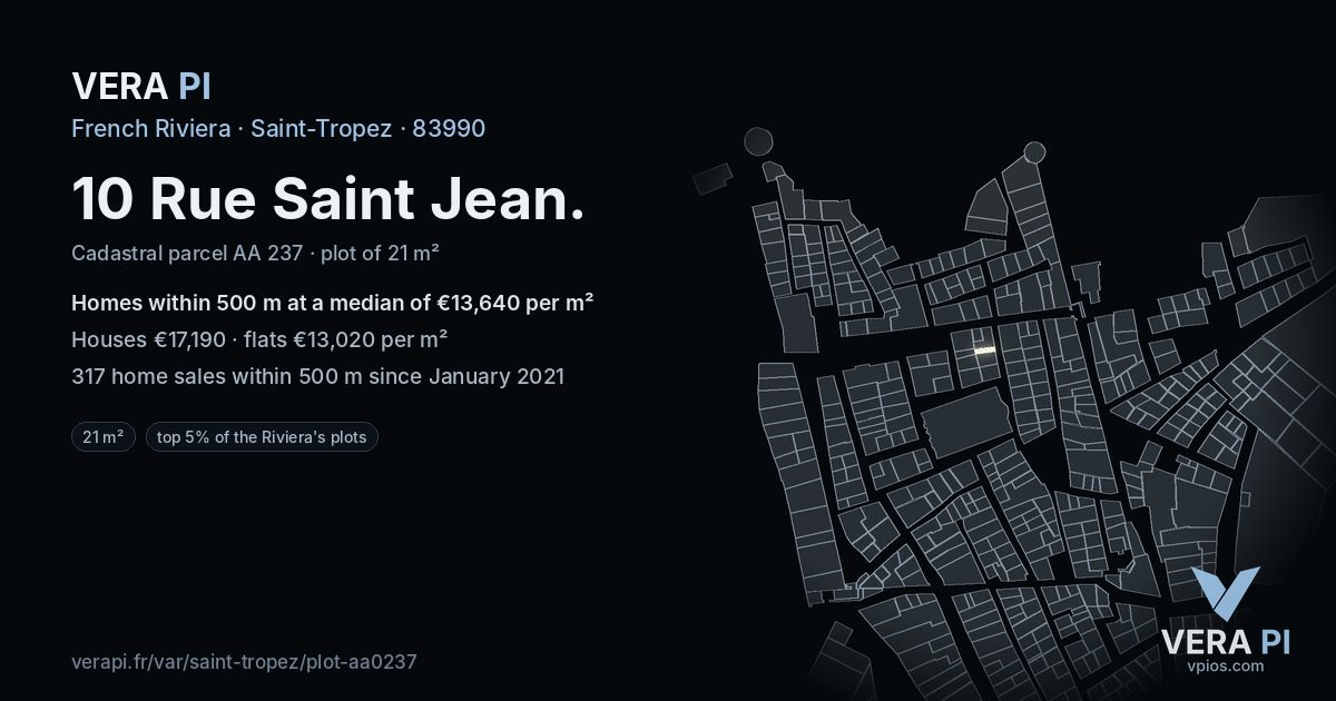 10 Rue Saint Jean, Saint-Tropez at night – the plot lit, the parcels around coloured by the prices near them