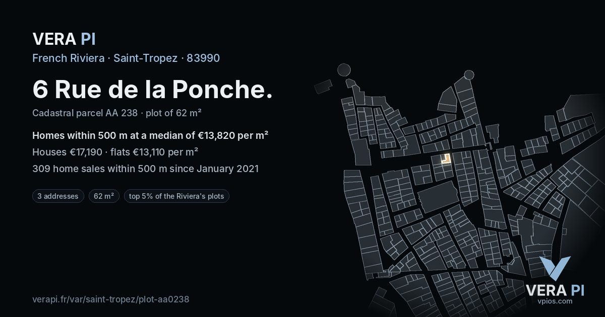 6 Rue de la Ponche, Saint-Tropez at night – the plot lit, the parcels around coloured by the prices near them