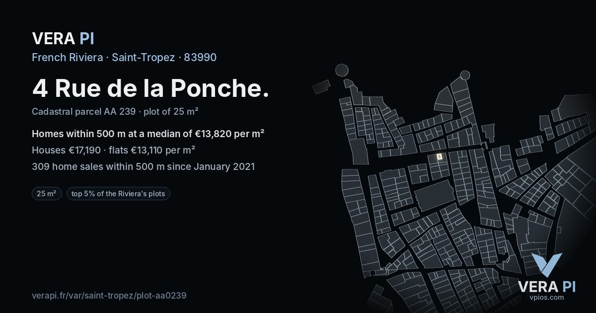 4 Rue de la Ponche, Saint-Tropez at night – the plot lit, the parcels around coloured by the prices near them