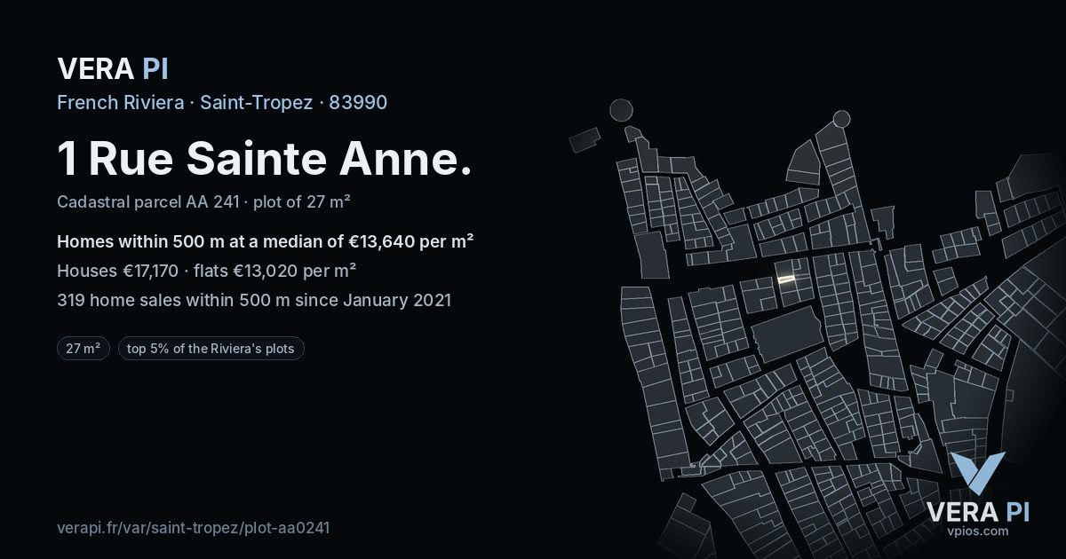1 Rue Sainte Anne, Saint-Tropez at night – the plot lit, the parcels around coloured by the prices near them