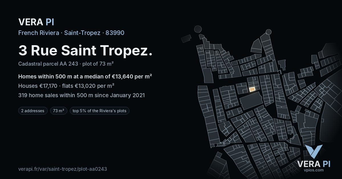 3 Rue Saint Tropez, Saint-Tropez at night – the plot lit, the parcels around coloured by the prices near them