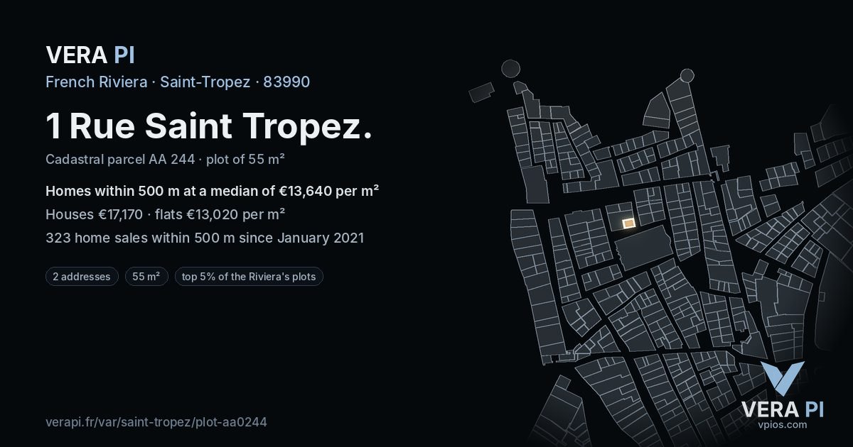 1 Rue Saint Tropez, Saint-Tropez at night – the plot lit, the parcels around coloured by the prices near them