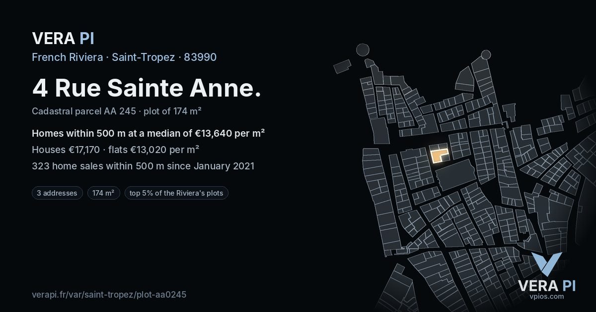 4 Rue Sainte Anne, Saint-Tropez at night – the plot lit, the parcels around coloured by the prices near them