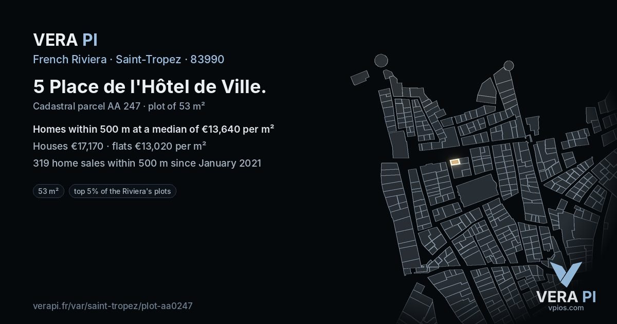 5 Place de l'Hôtel de Ville, Saint-Tropez at night – the plot lit, the parcels around coloured by the prices near them